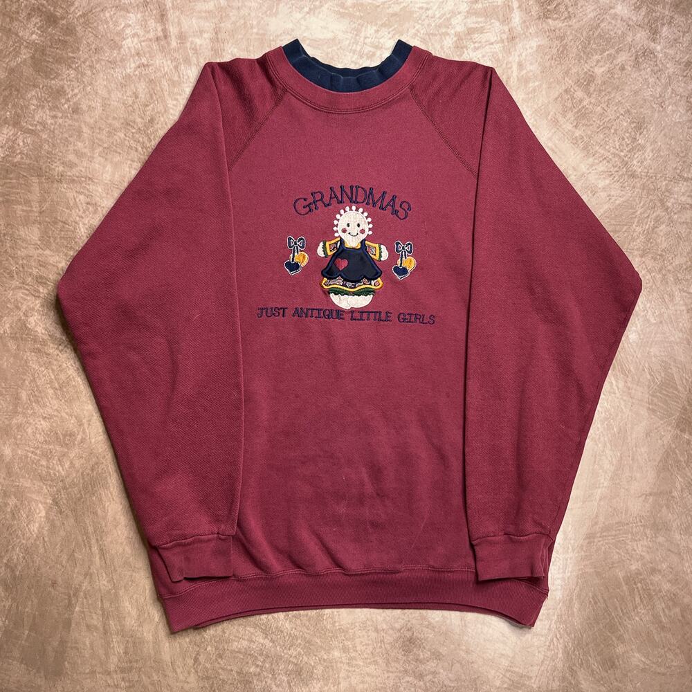 Vintage 80s Grandma Antique Little Girls Crewneck Sweatshirt Embroidered Cheek-O